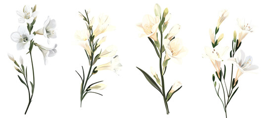 Obraz premium Collection of freesia flowers, flat illustration, cutout, png isolated transparent background