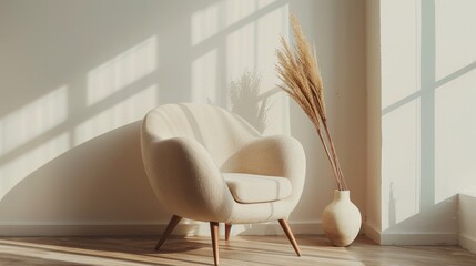  Soft armchair and a vase with dry grass in empty room - obrazy, fototapety, plakaty