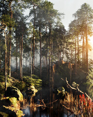 Beautiful forest with fog, 3D illustration