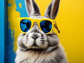 A cute Easter bunny wearing a blue sunglasses, with a funny smile ,  standing  in front of  a bright yellow wall