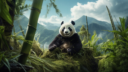 Oso panda en paisaje de bamboo