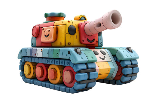 A cheerful cartoon tank with oversized wheels in vibrant colors.