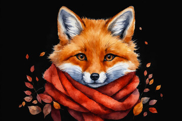 Charming cute red fox cub with glasses and in a red knitted scarf in the autumn leaves. Beautiful watercolor illustration. Portrait of a wild forest animal, suitable for clothes, posters, books.