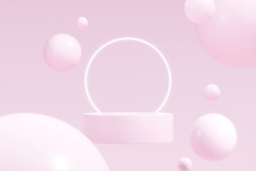3d Geometric shape neon light with podium product display and circle ring on pink background. Abstract minimal geometric stage, platform bubble spheres for display product cosmetic. 3d rendering.