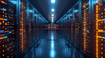 A high-tech server room, where automated data management systems are maintained ensuring efficiency and security for businesses - obrazy, fototapety, plakaty