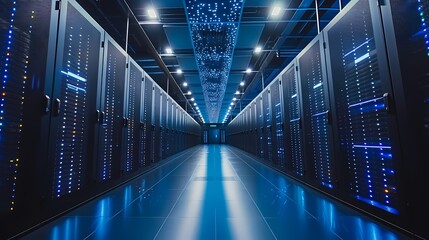 A high-tech server room, where automated data management systems are maintained ensuring efficiency and security for businesses - obrazy, fototapety, plakaty