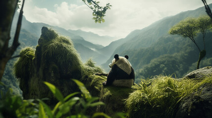 Oso panda en paisaje de bamboo - obrazy, fototapety, plakaty