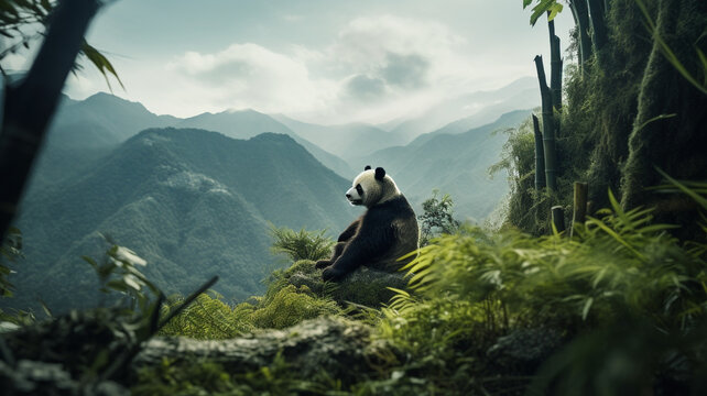 Oso panda en paisaje de bamboo