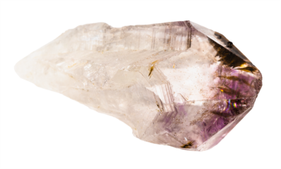 close up of sample of natural stone from geological collection - raw amethyst quartz crystal isolated on white background