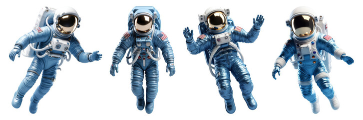 miniature floating astronaut in blue costume, with transparent background