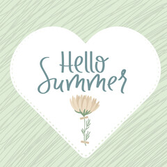 Hello Summer hand draw illustration. Lettering summer season with herbarium flower for greeting card. Heart shape. Vector 