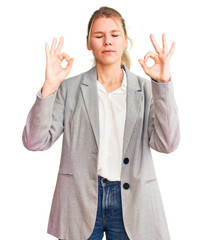 Young beautiful blonde woman wearing elegant jacket relaxed and smiling with eyes closed doing meditation gesture with fingers. yoga concept.