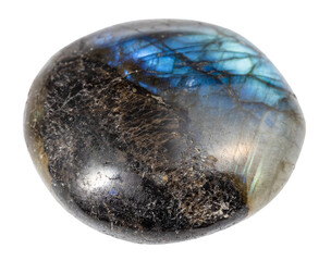 close up of sample of natural stone from geological collection - polished labradorite mineral...