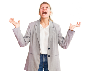 Young beautiful blonde woman wearing elegant jacket crazy and mad shouting and yelling with aggressive expression and arms raised. frustration concept.