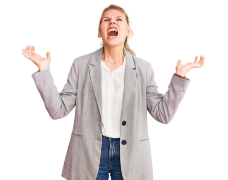 Young beautiful blonde woman wearing elegant jacket crazy and mad shouting and yelling with aggressive expression and arms raised. frustration concept.