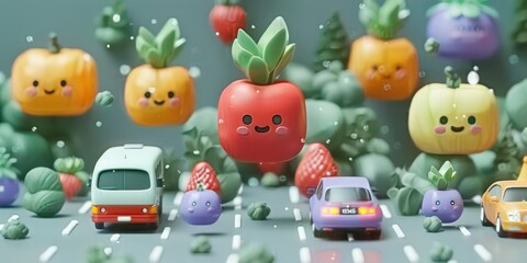 A miniature 3D world where cars and trucks are replaced by cute, animated fruits and vegetables zooming through a charming, pastel-hued cityscape