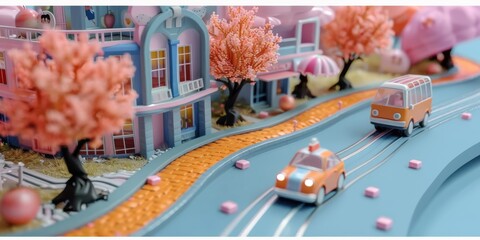 A miniature 3D world where cars and trucks are replaced by cute, animated fruits and vegetables zooming through a charming, pastel-hued cityscape