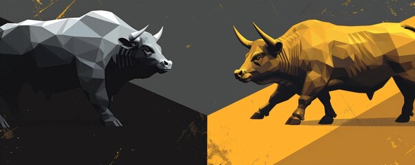 Two bulls are walking towards each other on a black background