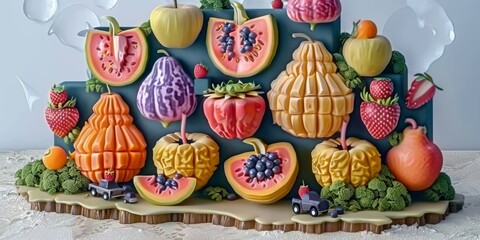 A miniature 3D world where cars and trucks are replaced by cute, animated fruits and vegetables zooming through a charming, pastel-hued cityscape