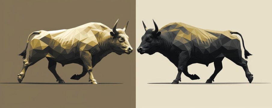 Two bulls are walking towards each other on a black background