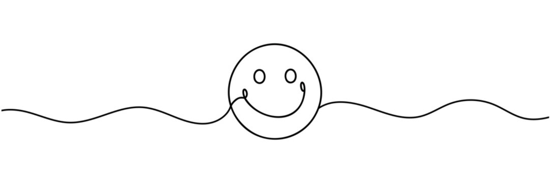 One continuous line art smiling face isolated vector illustration on white background.