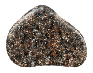 close up of sample of natural stone from geological collection - polished basalt with hematite mineral isolated on white background from Karelia