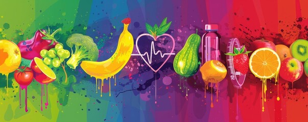 A colorful poster with a variety of fruits and vegetables, including oranges
