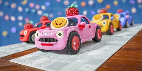 A miniature 3D world where cars and trucks are replaced by cute, animated fruits and vegetables zooming through a charming, pastel-hued cityscape