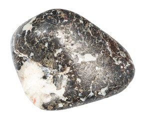 close up of sample of natural stone from geological collection - polished trachybasalt mineral isolated on white background from Polar Urals