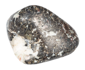 close up of sample of natural stone from geological collection - polished trachybasalt mineral isolated on white background from Polar Urals