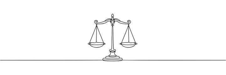 One solid line draws the balance of law and the scope of justice. Libra thin icon. Vector illustration. - obrazy, fototapety, plakaty