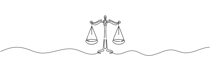 One solid line draws the balance of law and the scope of justice. Libra thin icon. Vector illustration. - obrazy, fototapety, plakaty