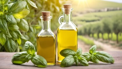 Olive oil in glass bottles served with basil leaves on olive grove background