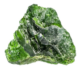 close up of sample of natural stone from geological collection - unpolished chromian diopside mineral isolated on white background from Yakutia