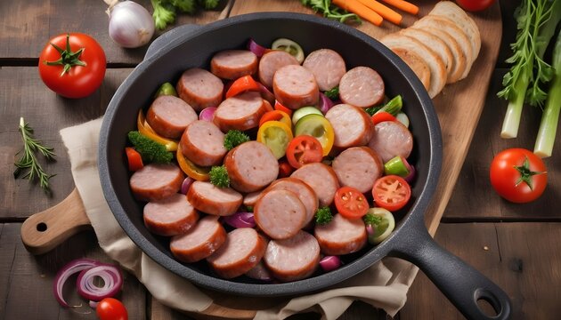 sausage with fresh vegetables fried in the rustic pan