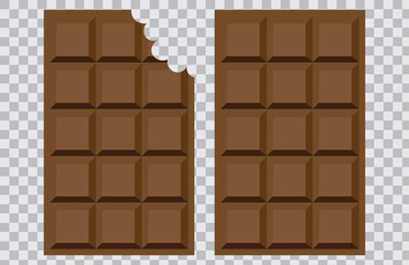 Chocolate bar icon with one bitten chocolate. Dark chocolate bar set.