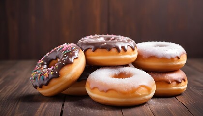 Sugar donuts stacked over brown wooden background