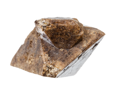 close up of sample of natural stone from geological collection - rough zircon crystal isolated on white background from Khibiny, Kola Peninsula