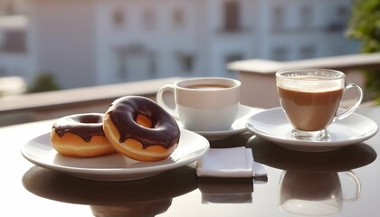 Sweet donuts served with cup of espresso coffee. vacation concept
