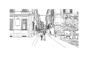 Print Building view with landmark of Reggio Emilia  is a city in northern Italy. Hand drawn sketch illustration in vector.