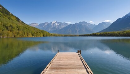 wooden pontoon on lake and mountains by beautiful day
