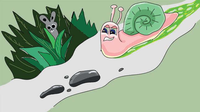 Hand drawn vector illustration. An angry snail crawling along the road. Bushes along the path and a hare hidden outside. Abstract hand drawn snail,
 shell