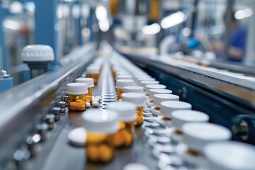 Production line of the pharmaceutical industry. Tablets and capsules in bottles on the conveyor. - obrazy, fototapety, plakaty