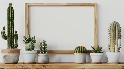 Square wooden frame mock-up with various cactus and succulent plants. White wall with a white shelf. Copy space. - Powered by Adobe