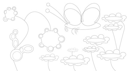 Vector illustration. Butterfly with flowers. Illustration without color fill. Coloring book. Black outlines of butterfly and flowers, white background.