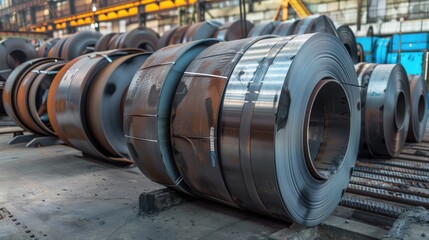 Fototapeta na wymiar Rolls of galvanized steel sheet inside the factory or warehouse.