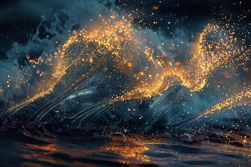 Abstract background with water wave and golden sparks. Futuristic technology abstract background with glowing particles. - obrazy, fototapety, plakaty