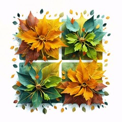 Autumn squares illustration glossy colors (ocher, green and reddish tones). Autumn flowers in each square shape.
