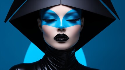 Studio portrait capturing avant-garde fashion, bold monochrome palette, high contrast between model's icy blue gaze and jet-black attire, glossy black lips 
