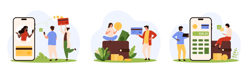 Digital payment and transaction in bank account set. Tiny people transfer money, exchange and pay with credit card and mobile wallet in phone, receive and send remittance cartoon vector illustration